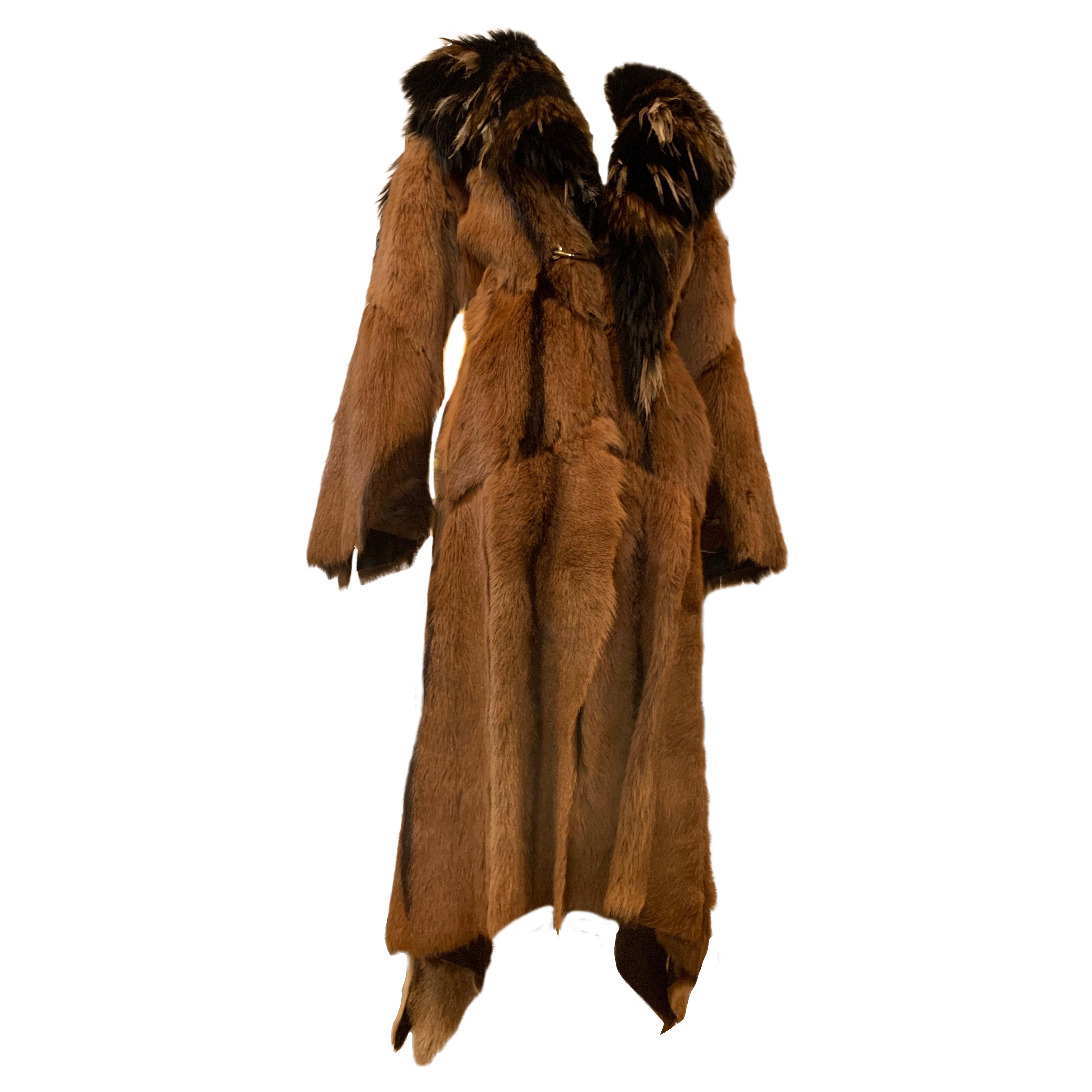 Roberto Cavalli Couture Rock Star Antelope Hide Long Coat w Fox & Ostrich Collar For Sale