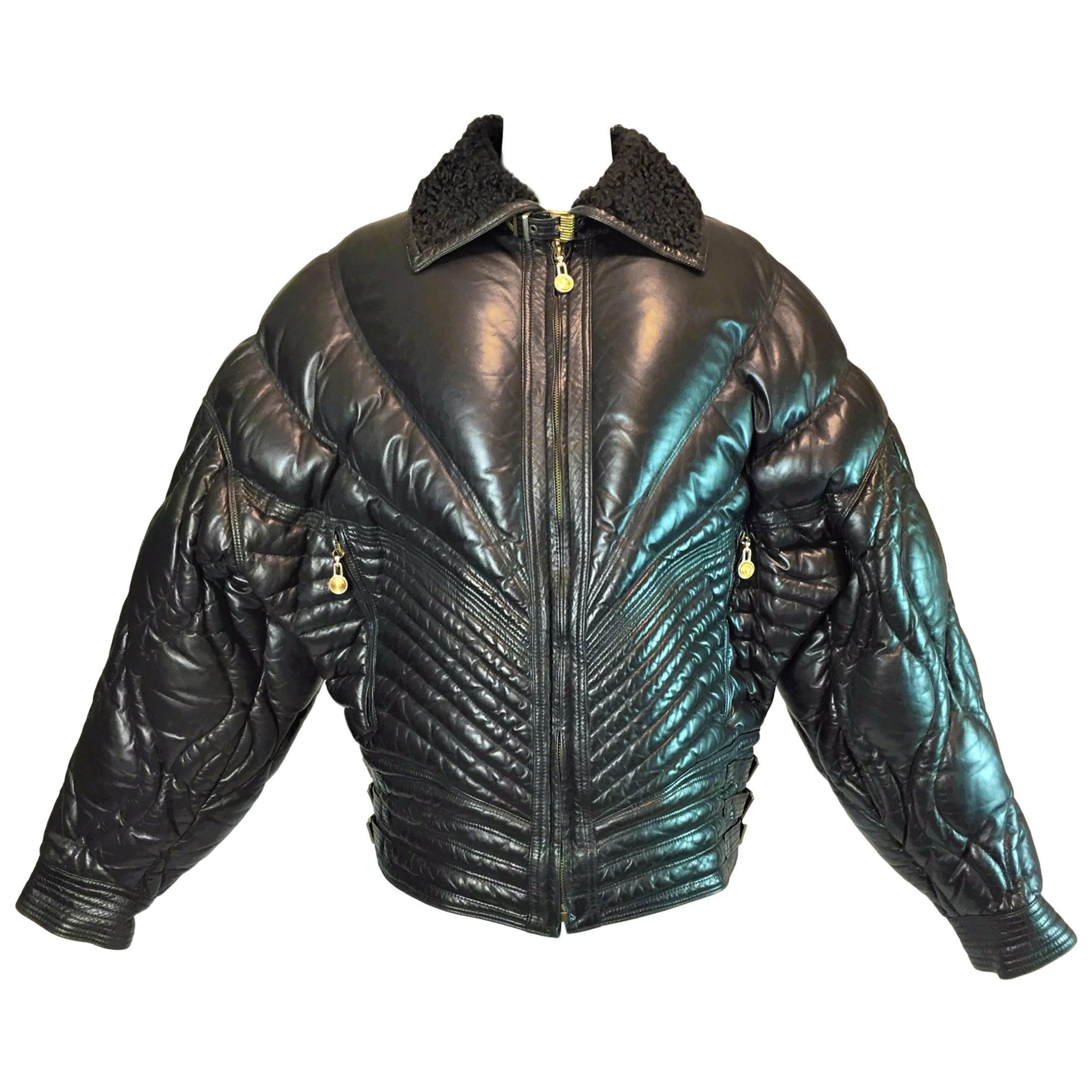 A/W 1992 Gianni Versace Men's Bondage Apres Ski Black Leather Jacket Coat 