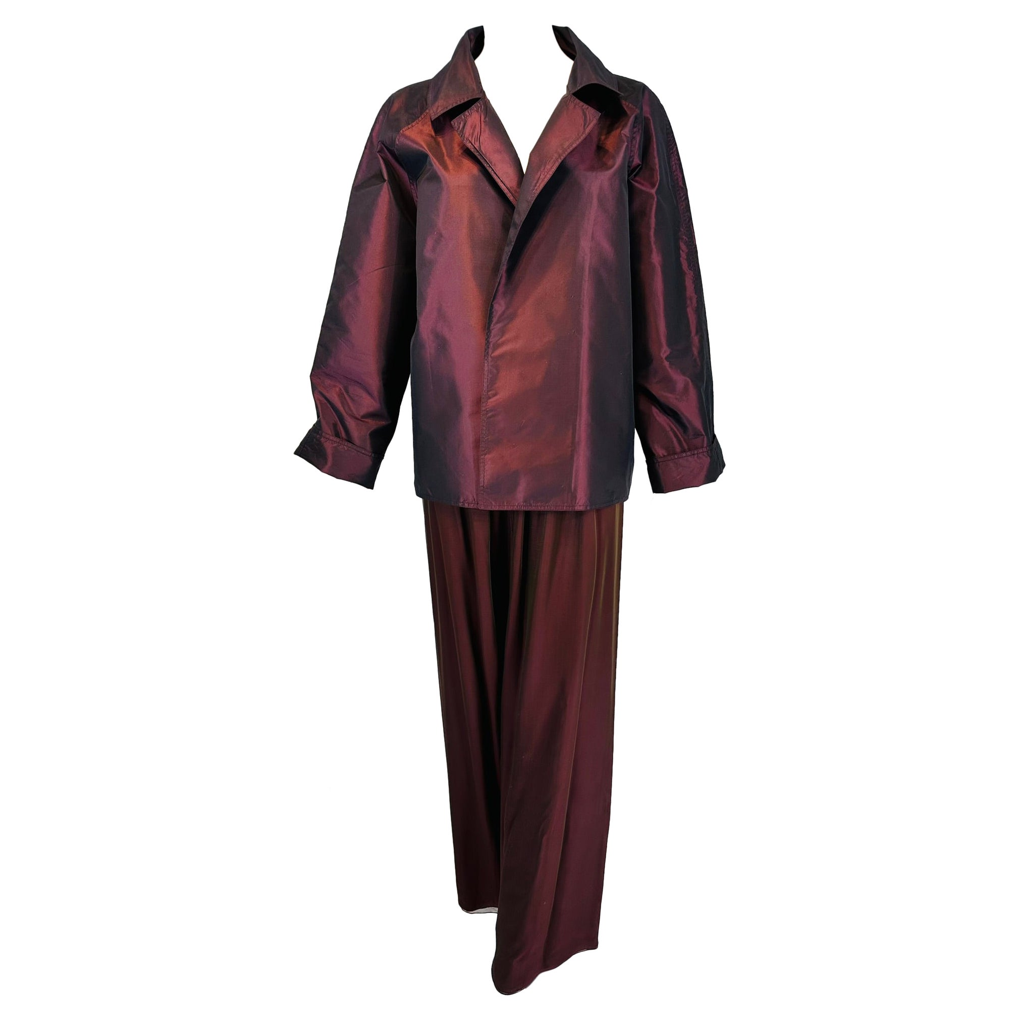 Zoran 2pc. Raisin Paper Silk Taffeta & Shot Silk Chiffon Jacket & Pant Set For Sale