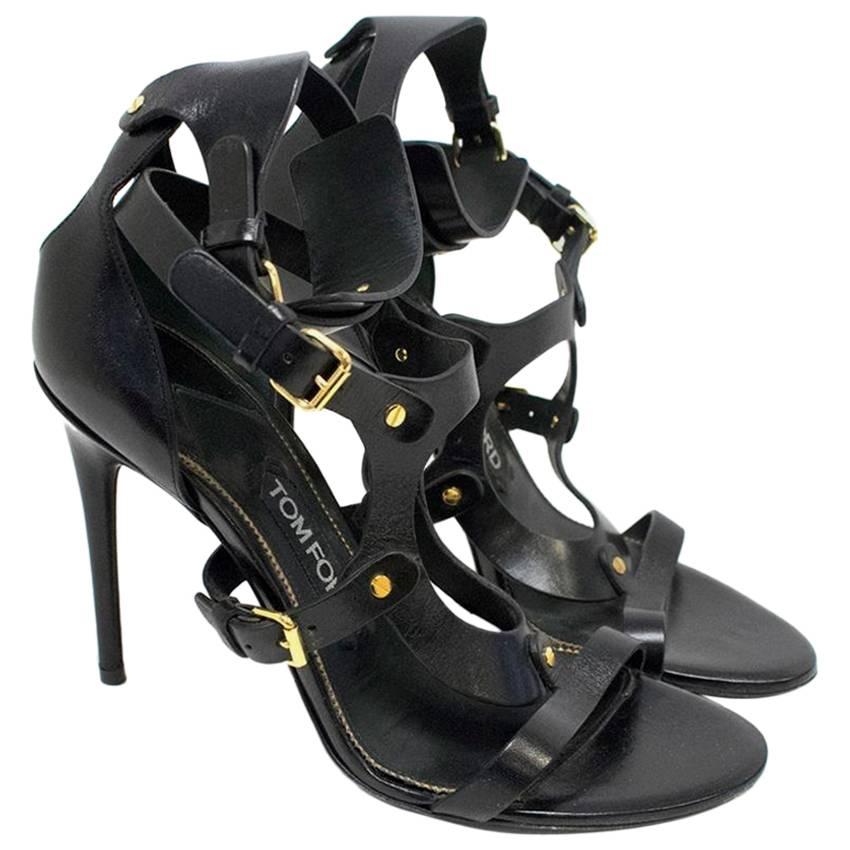 Tom Ford Black Leather Cut Out Sandals with Gold Details  For Sale