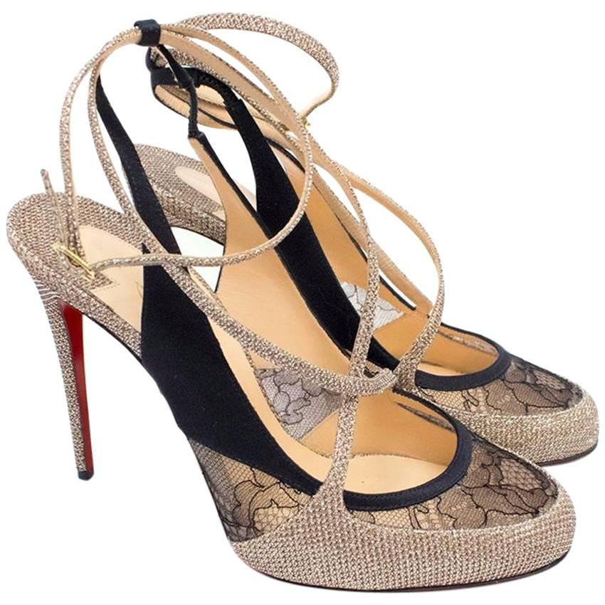 Christian Louboutin Gold and Black Lace Sling Back Pumps For Sale