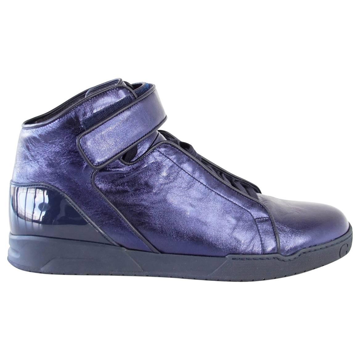  Gucci Shoe Men's Midnight Blue Nappa Silk Leather High Top Sneaker  9.5 new For Sale
