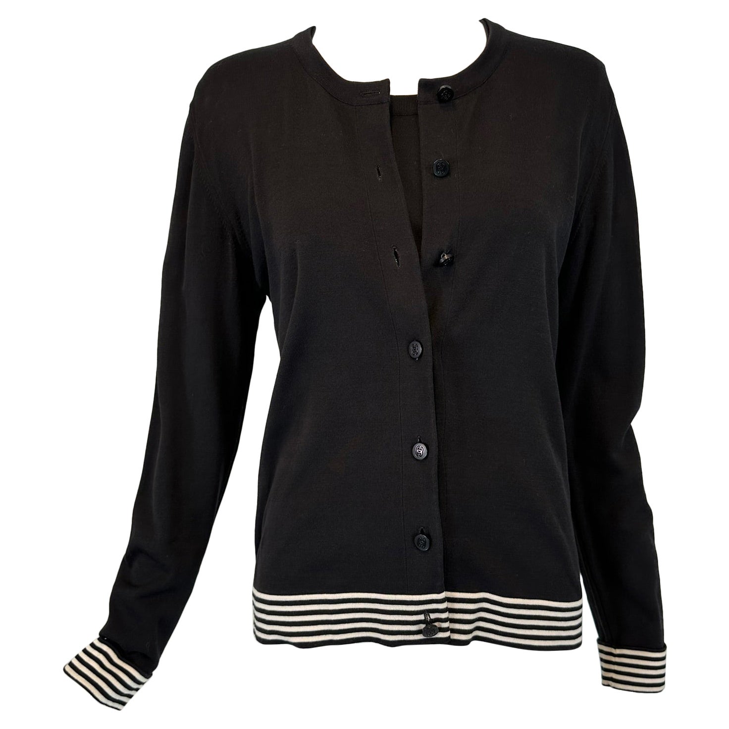 Chanel 199C Black & White 100% Cotton Stripe Twin Set Cardigan & Sweater 40 For Sale