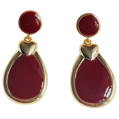Burgundy Red Enamel Heart Love Elegant Modernist Water Drop Pierced Earrings