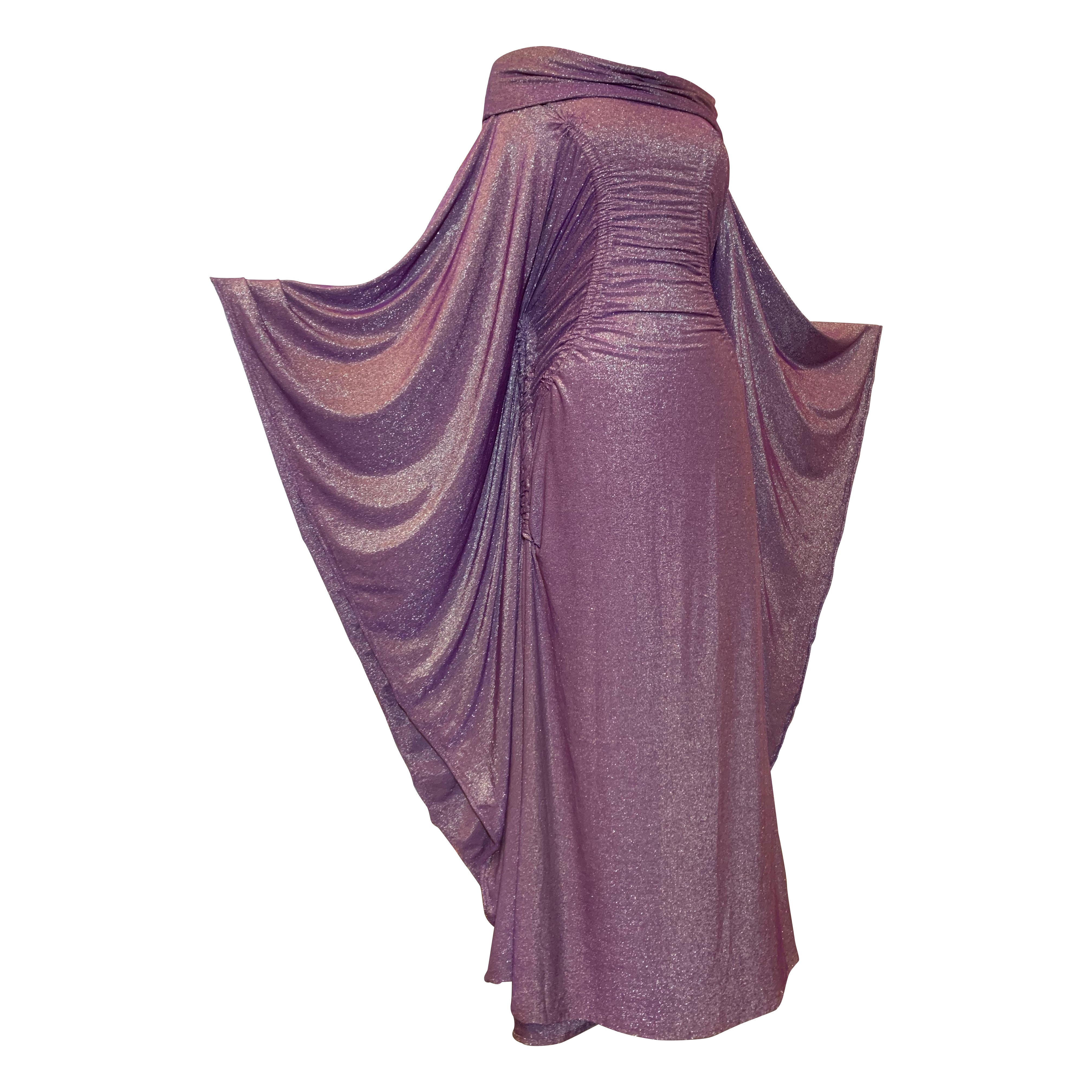 Torso Creations Lilac Lurex Stretch Knit Caftan w Off-Shoulder Neckline For Sale