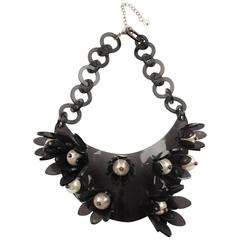 1980s Italian Designer Transparent Grey Lucite Bib Necklace Huge Flowers & Pearl