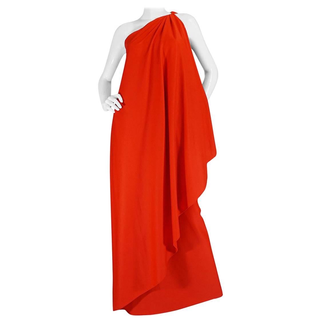 1978 Red Halston One Shoulder Jersey Dress As Seen on Kate Moss