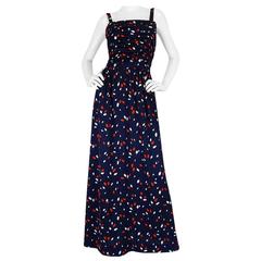 1970s Givenchy Long Jersey Floral Print Blue Dress 8