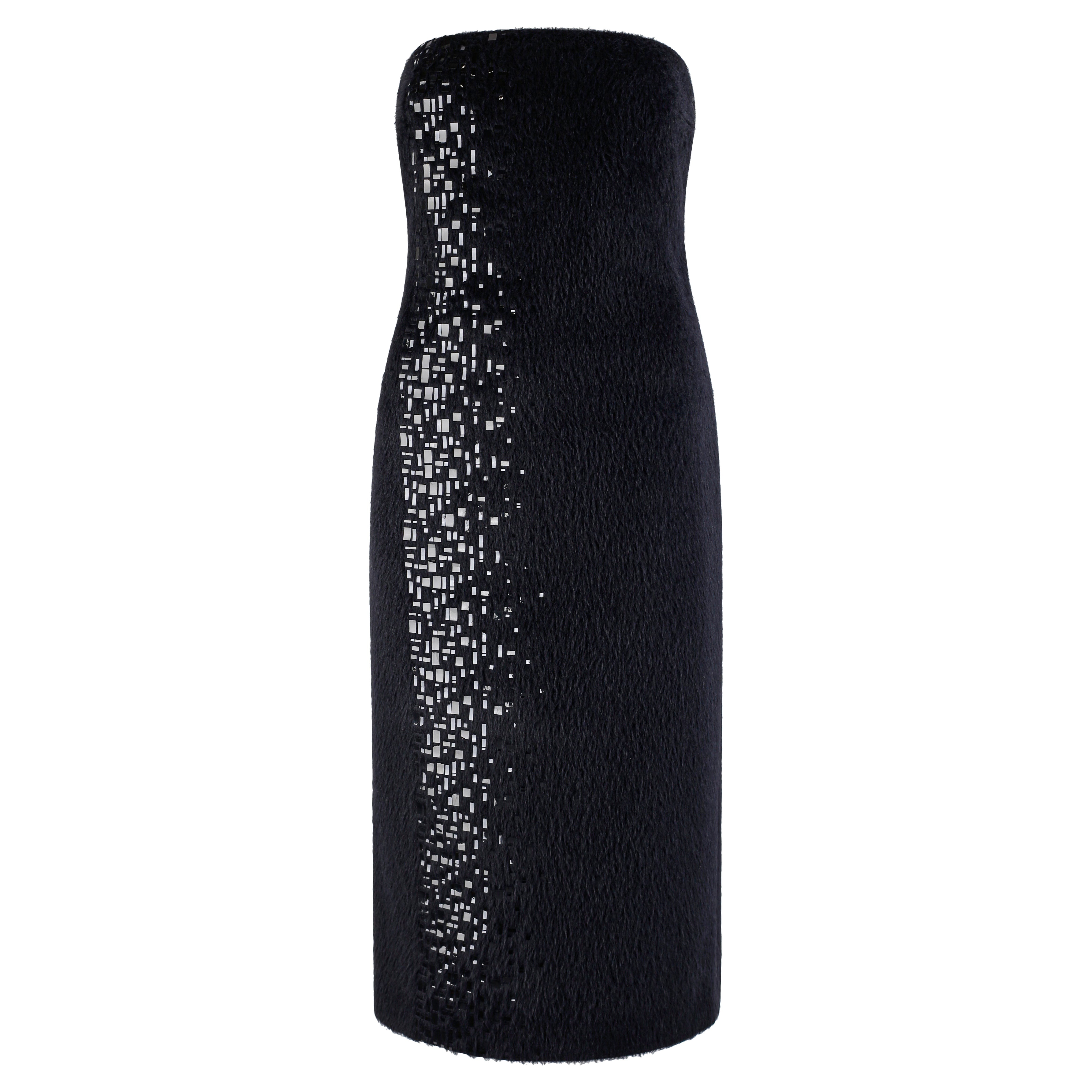 Gianni Versace F/W 1998 Vtg Black Alpaca Wool Sequin Embellished Strapless Dress For Sale