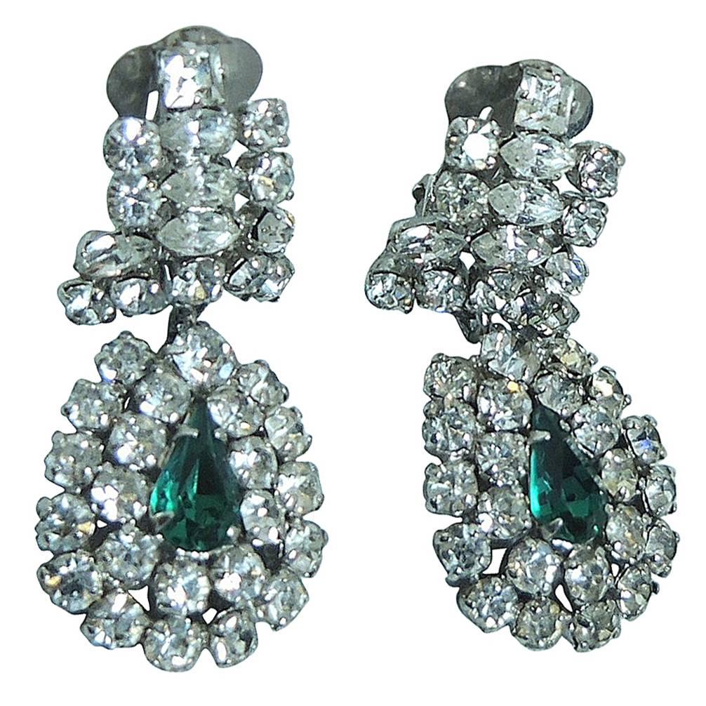 Vintage Signed l950s Austrian Crystal Drop & Faux Emerald Clip Earrings For Sale