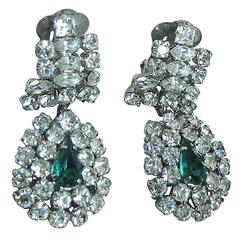 Retro Signed l950s Austrian Crystal Drop & Faux Emerald Clip Earrings