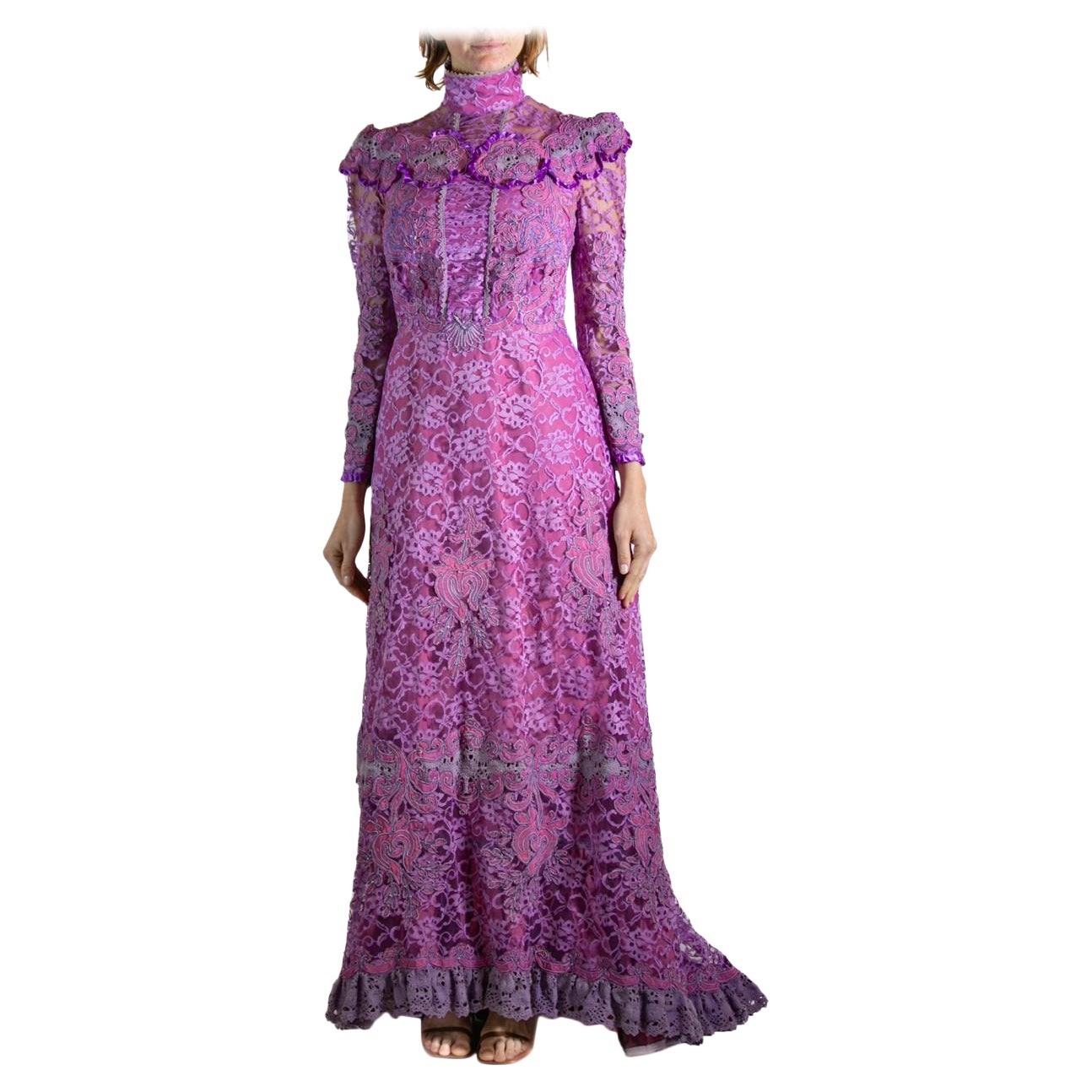 1940S Purple Embroidered Antique Lace Gown For Sale
