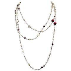 Authentic Chanel Pearl With Ruby Glass Bead Necklace