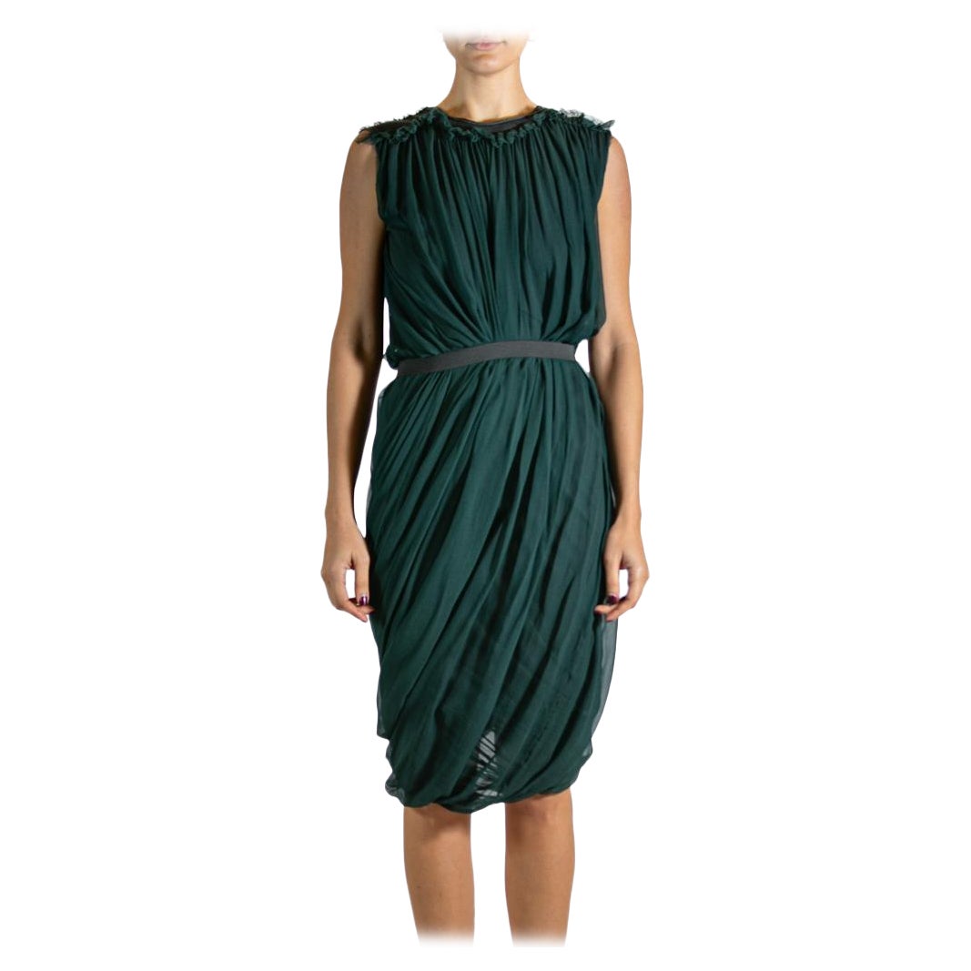 2000S LANVIN Hunter Green & Grey Silk Wool Dress For Sale