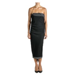 2000S LANVIN Black & Grey Silk Wool Strapless Dress With Netting