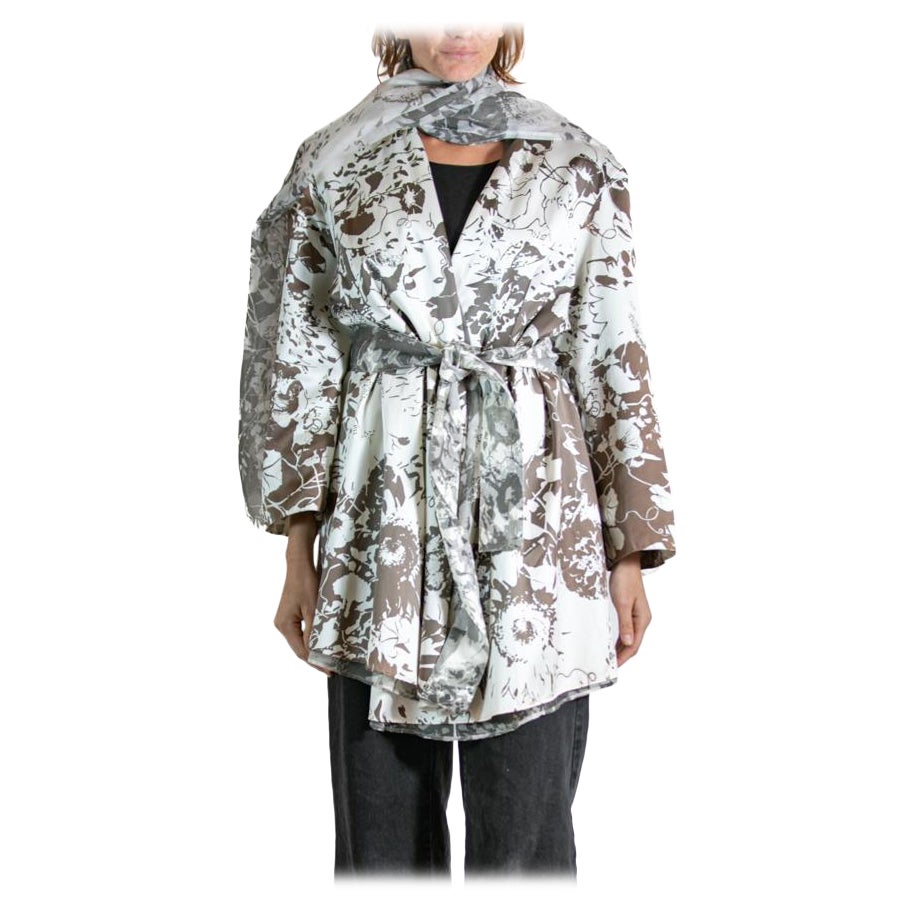 1990S Gianfranco Ferre White & Brown Floral Silk Coat With Belt Scarf For Sale
