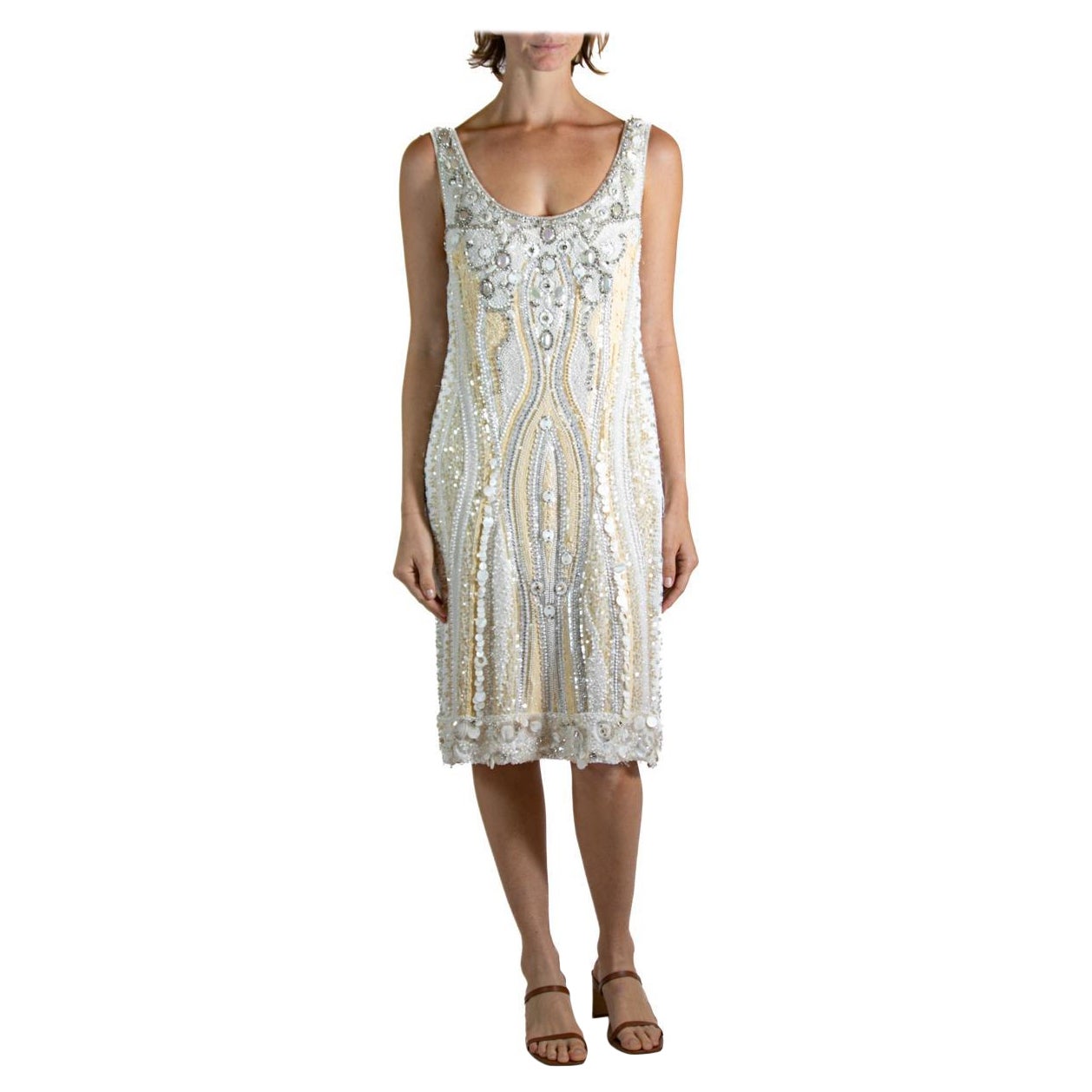 2000S Dilek Hanif White Beaded Silk Cocktail Dress For Sale