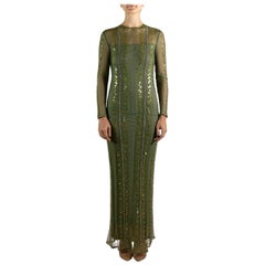 1990S Olive Green Beaded Silk Satin Gown