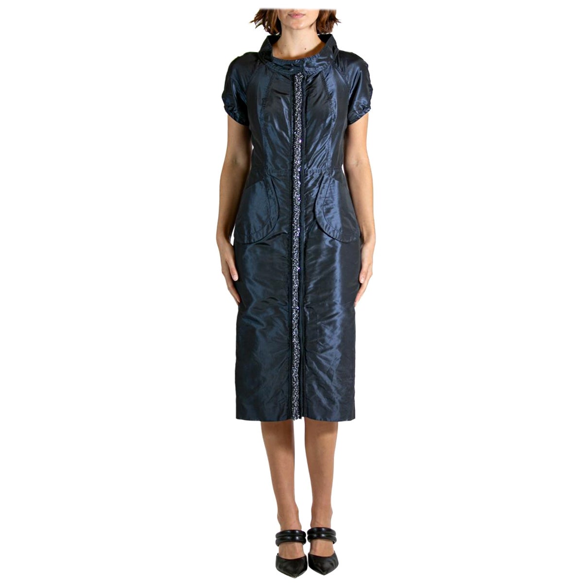 1990S REDUX CHARLES CHANG-LIMA Navy Blue Beaded Silk Cocktail Dress With Bow For Sale