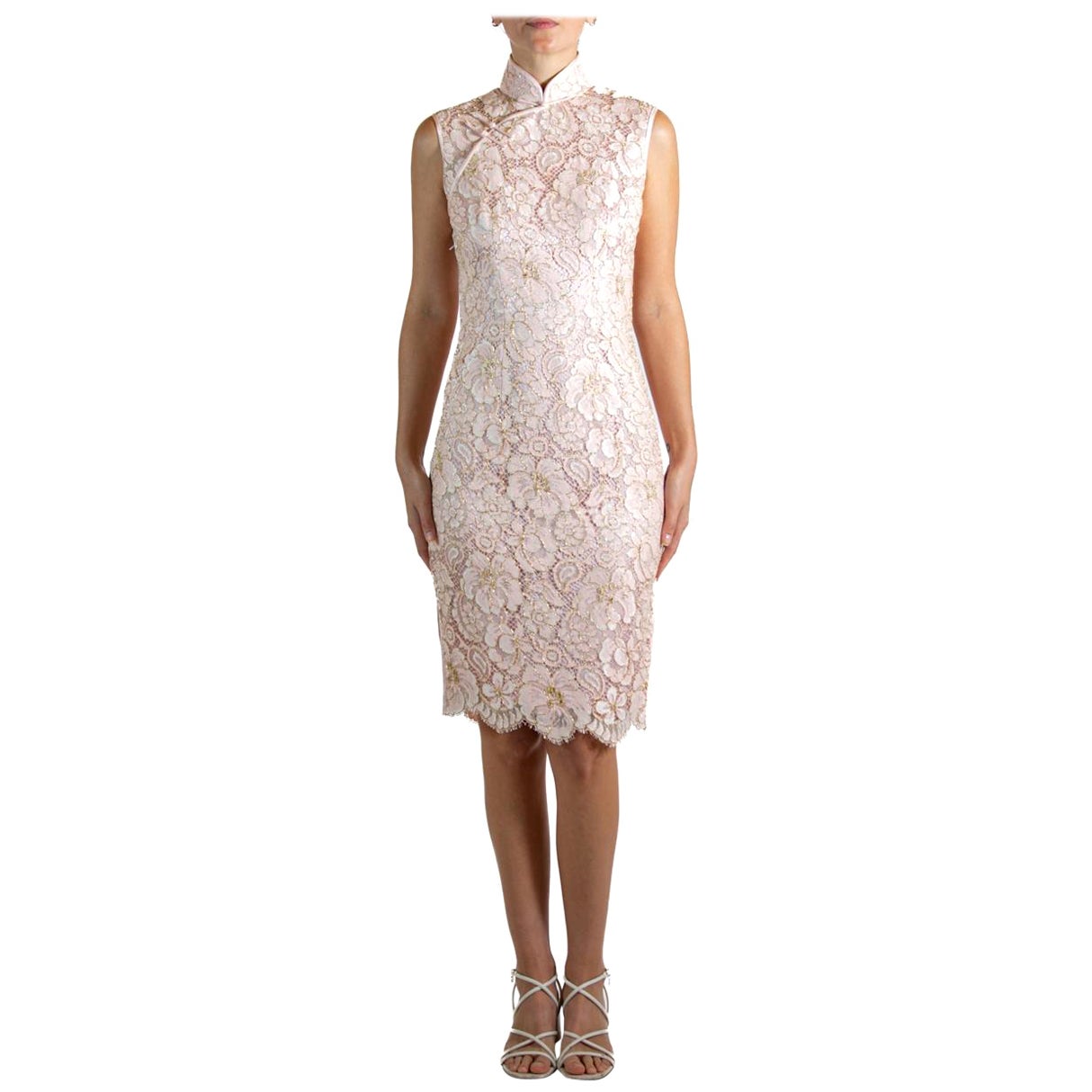 2000S SHANGAI TANG Light Pink & Gold Silk Lace Cocktail Dress With Scarf For Sale