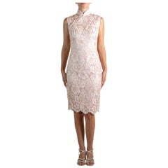 2000S SHANGAI TANG Light Pink & Gold Silk Lace Cocktail Dress With Scarf