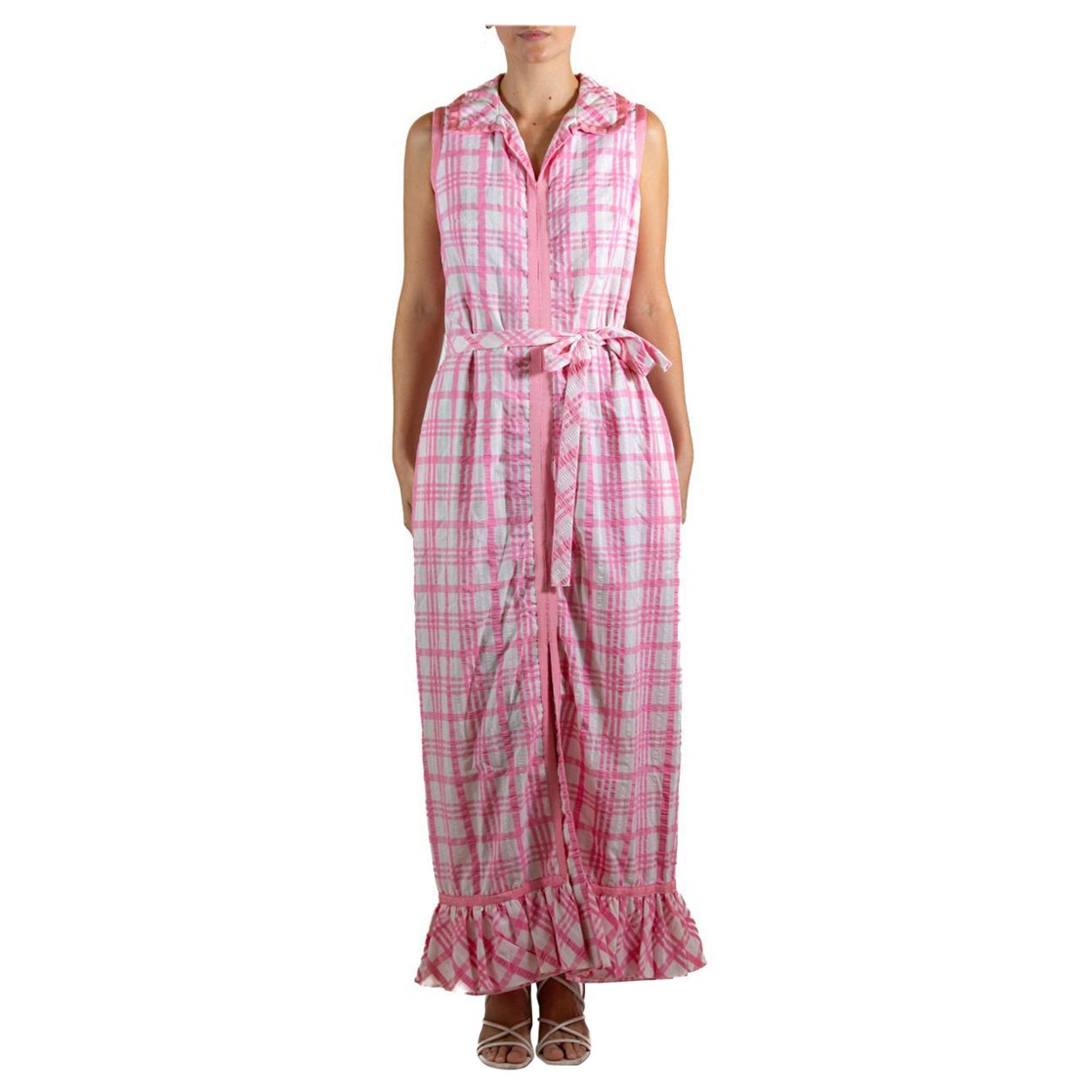 JAMISON Pink & White Plaid Cotton Maxi Dress For Sale