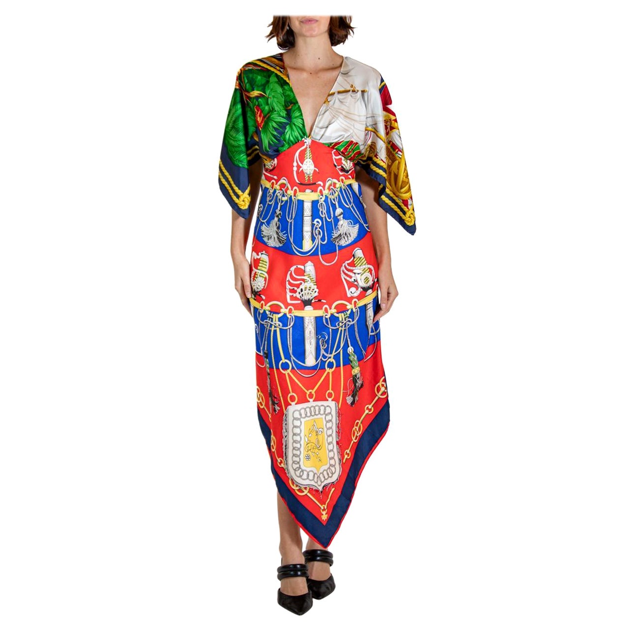 MORPHEW COLLECTION Blue & Red Nautical Silk Twill 2-Scarf Dress Made From Vinta For Sale