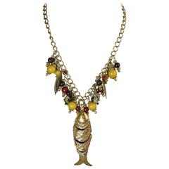 Vintage 1950’s Articulated Fish and Multi-Colored Beaded Neckl