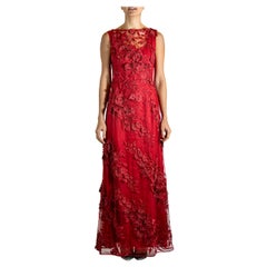 1990S Red Embroidered Silk Lace Rose  Gown