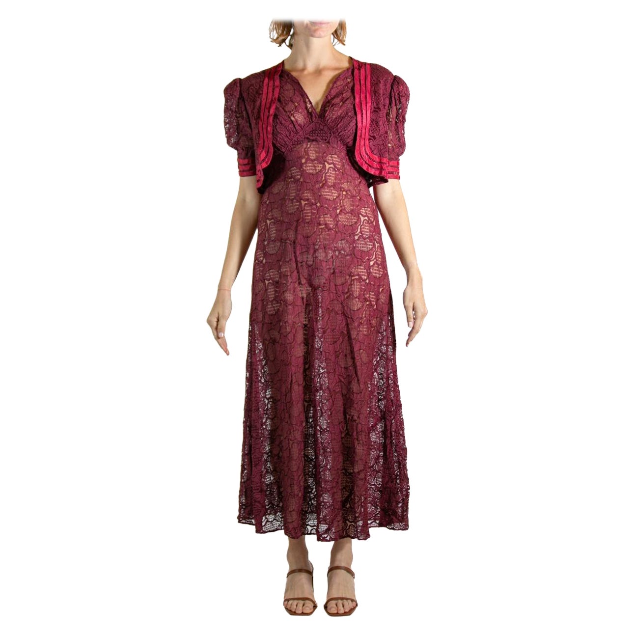 1980S Burgundy Silk Lace Gown With Jacket For Sale