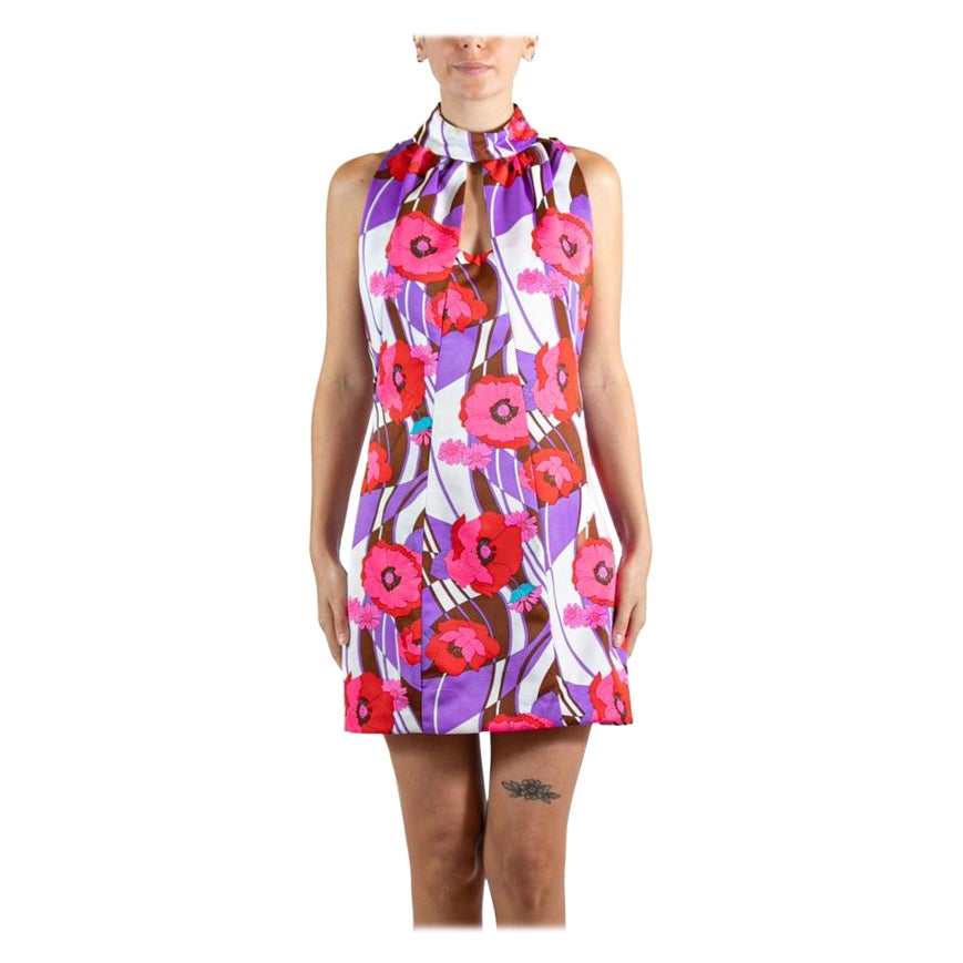 1970S Pink & Purple Floral Cocktail Dress For Sale