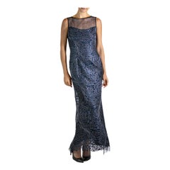 1980S Navy Blue & Silver Silk Lace Gown