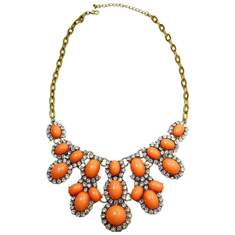 Vintage KJL Faux Coral Cabochon and Rhinestone Bib Necklace at 1stDibs