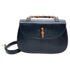 Gucci Bamboo 1947 Vintage Raro Piel de Lagarto Grande Negro con Correa