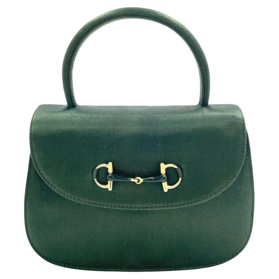 Gucci Horsebit Night Super Mini Green Satin Top Handle Bag with Strap For Sale