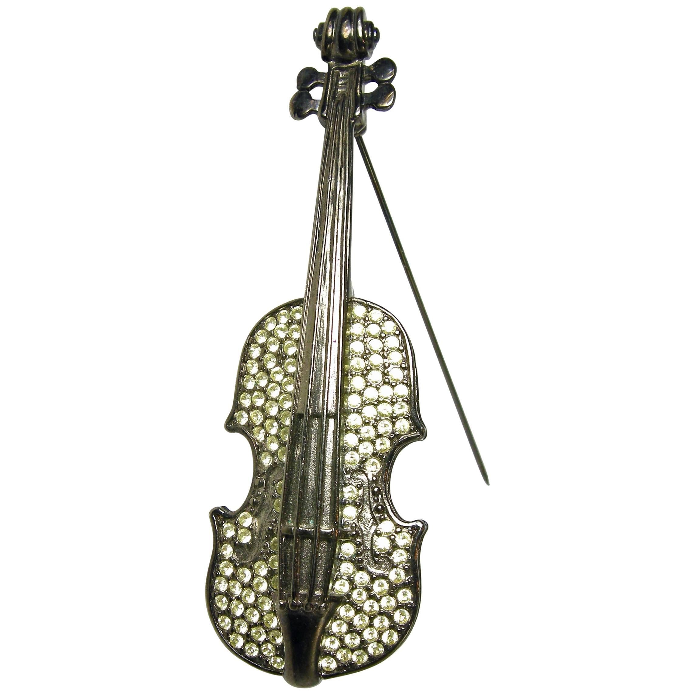Givenchy Paris Gunmetal Violin Brooch, 1970s  For Sale