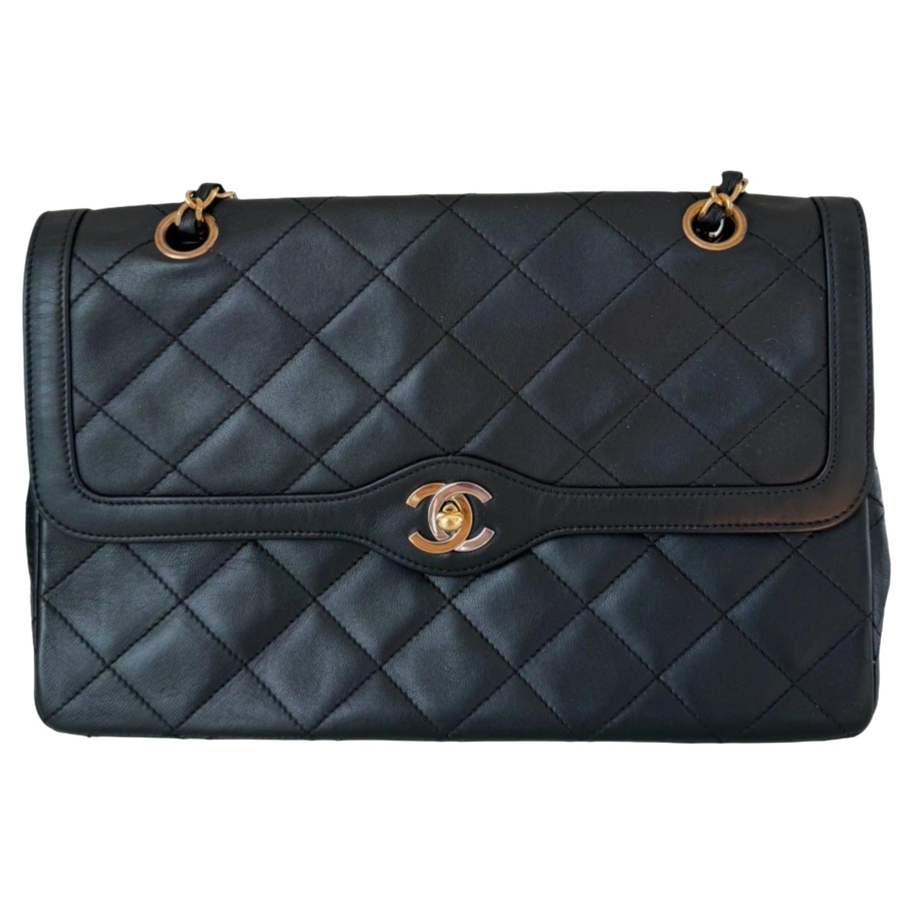 Chanel Classic Flap Vintage Black Lambskin Leather with Bi-color Hardware For Sale