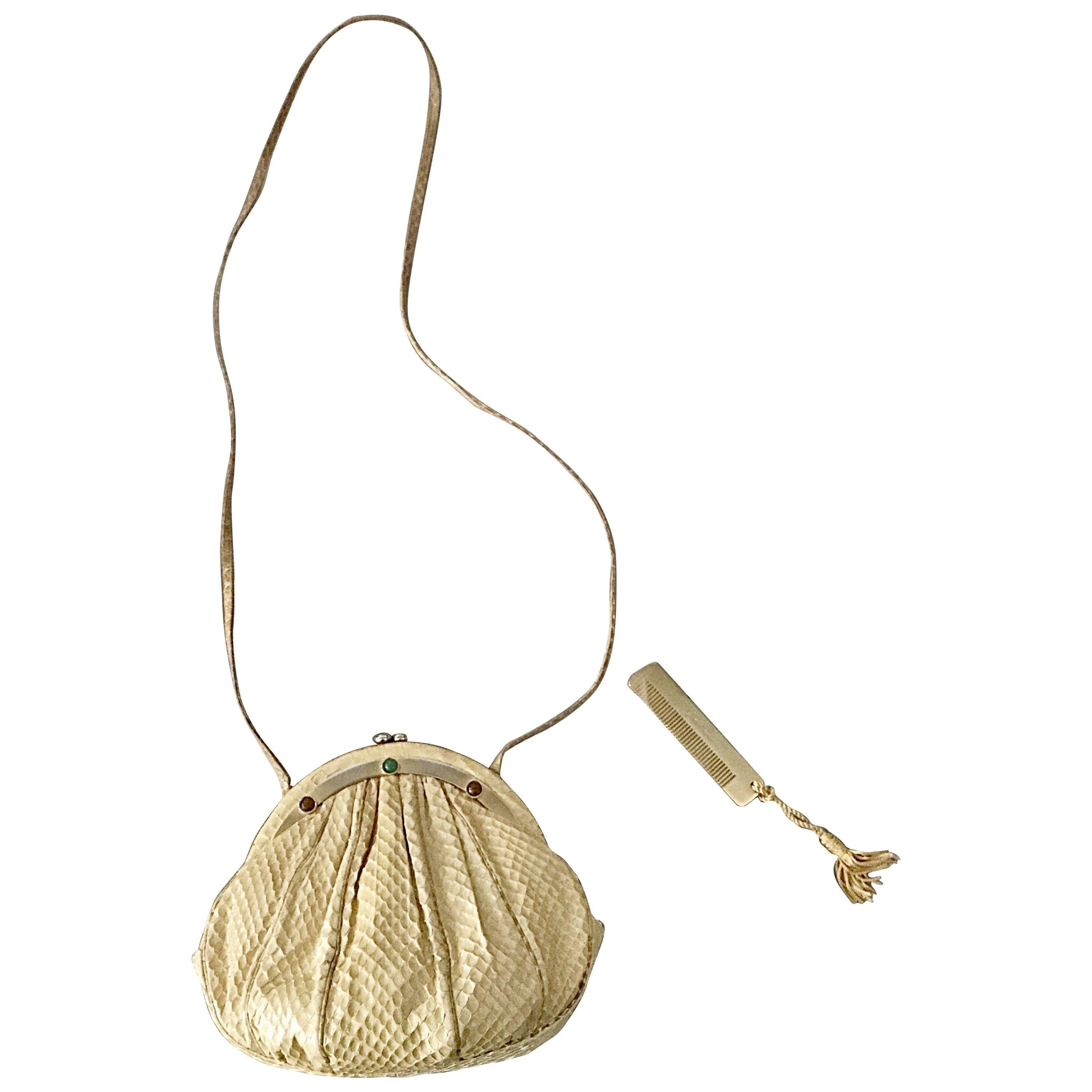 Judith Leiber - Sac porté épaule ou pochette vintage en peau de serpent python beige avec bijoux, couleur beige clair 