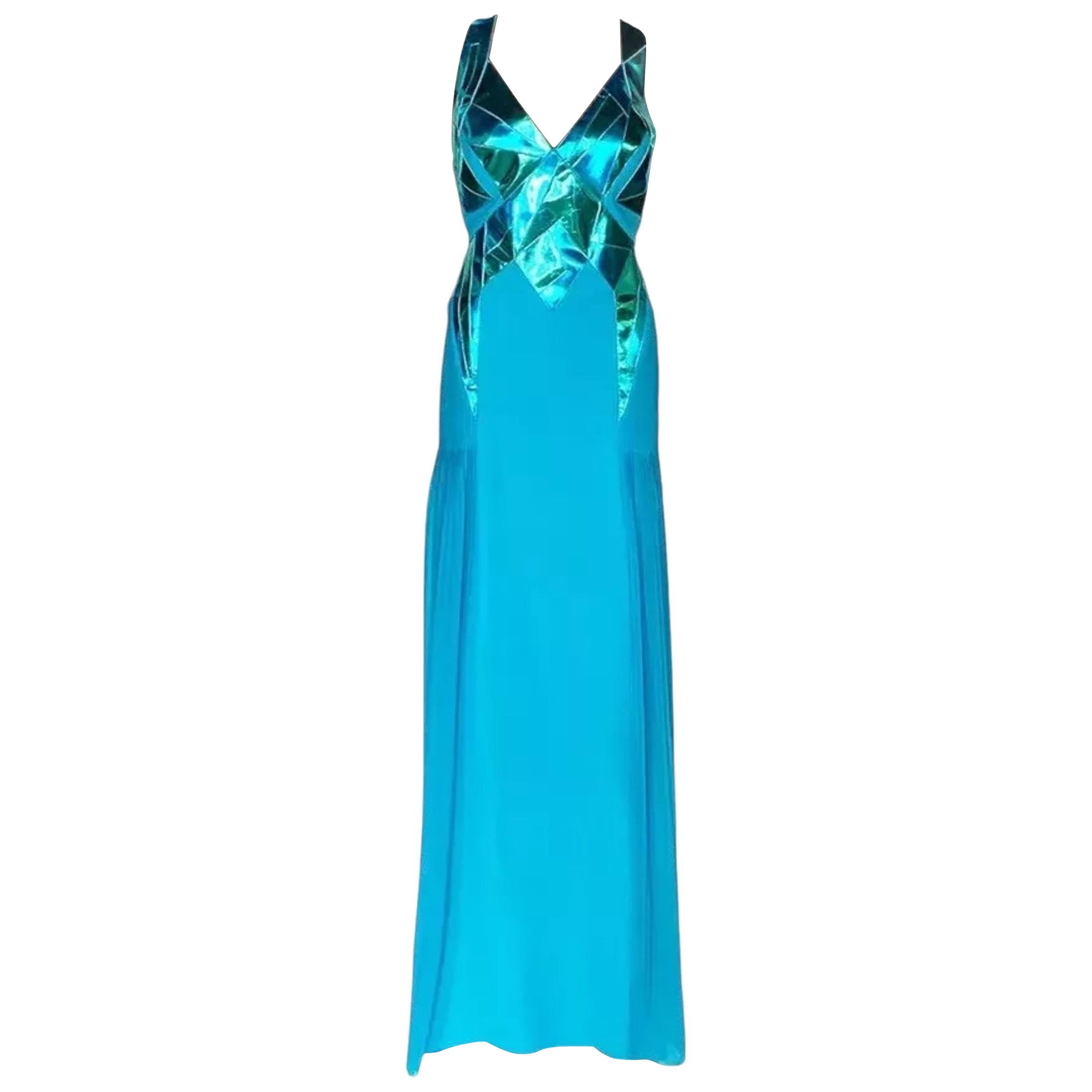 F/W 2010 Look#38 Vintage Versace Turquoise Silk Gown with Mirrored Leather 44 For Sale