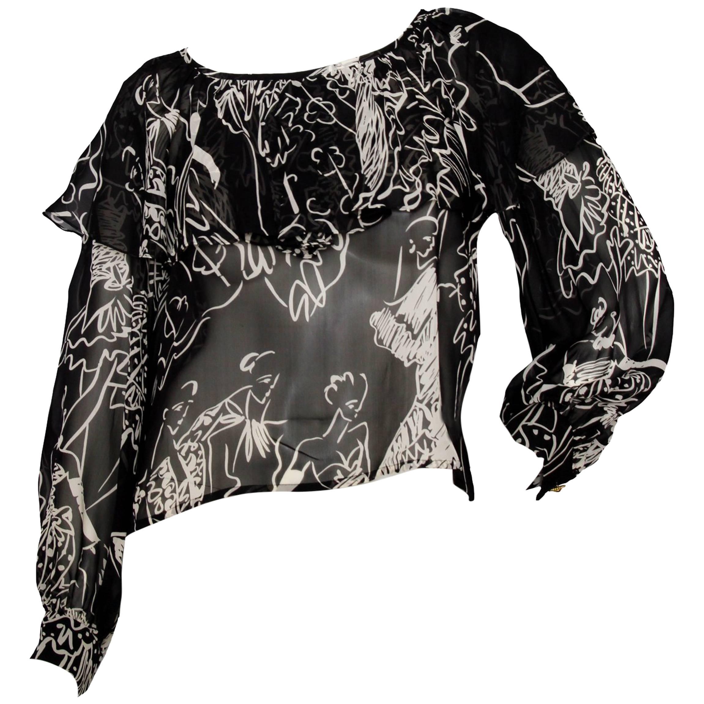 A Sheer 90s Yves Saint Laurent Printed Silk Blouse