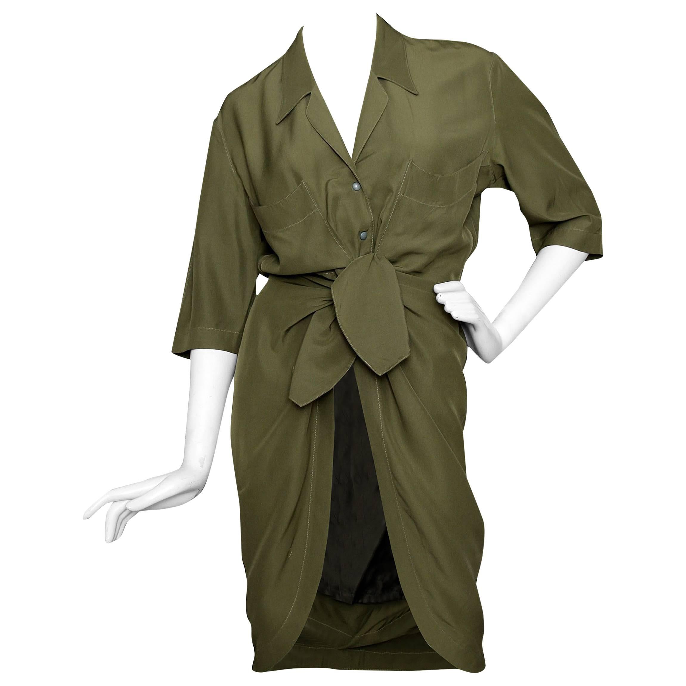 80s Thierry Mugler Forest Green Silk Shirt Dress For Sale