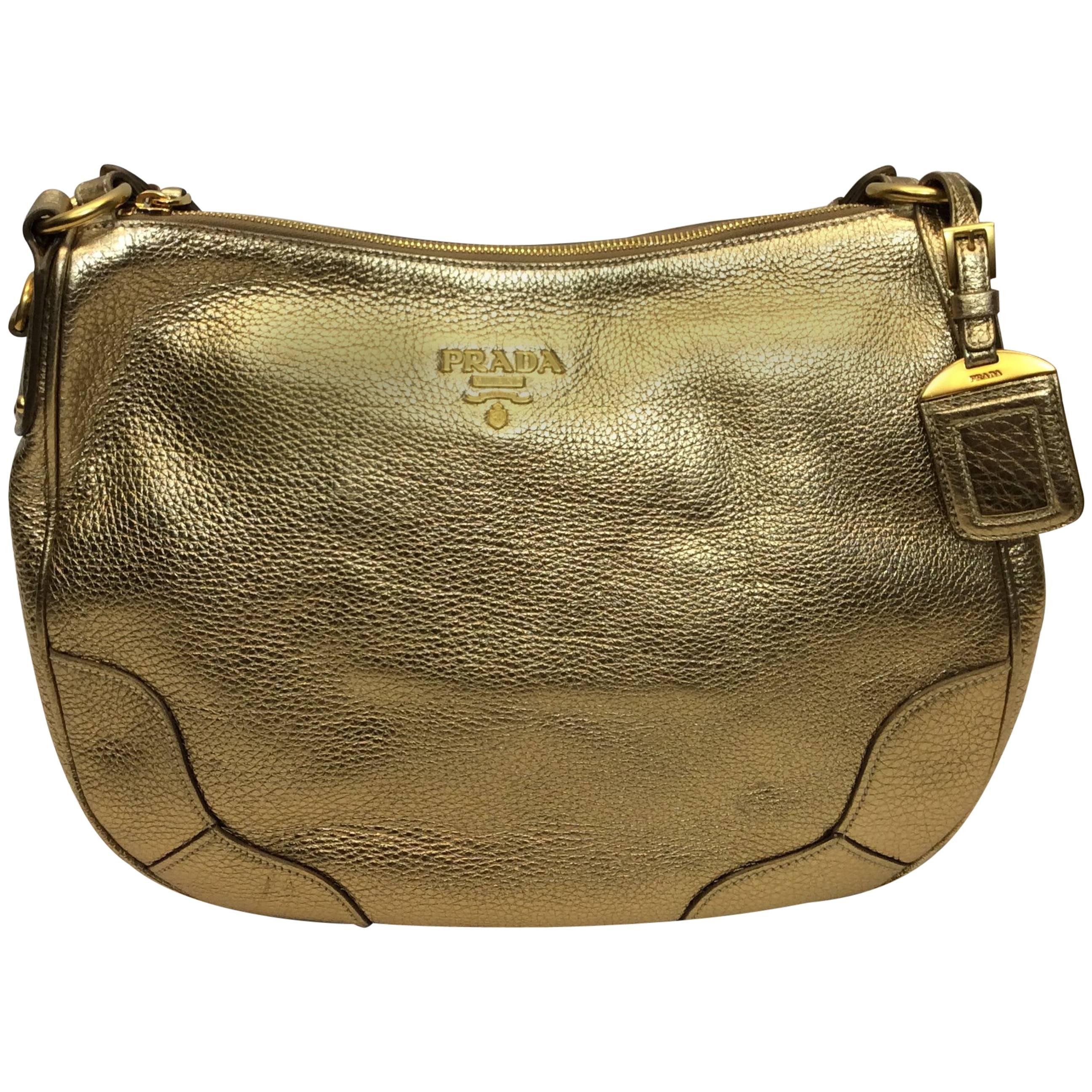 Prada Gold Leather Hobo Bag For Sale