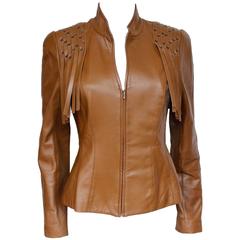 Mugler Tan Leather Fringe Jacket F38 UK 10 