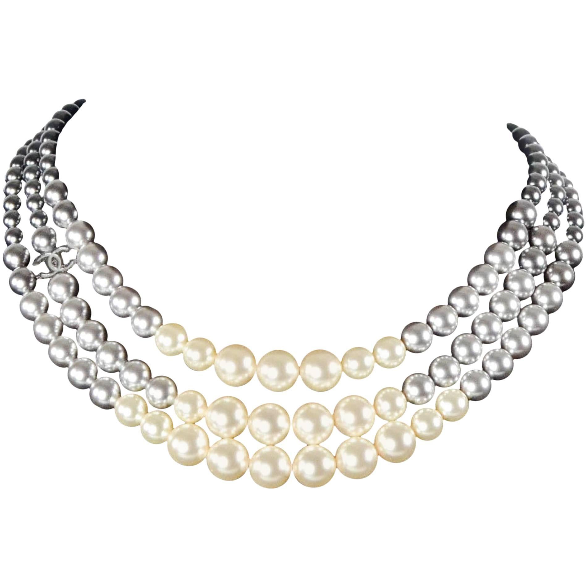 Chanel Pearl Ombre Necklace 2015 New - Gradient Black White Bead Multistrand CC