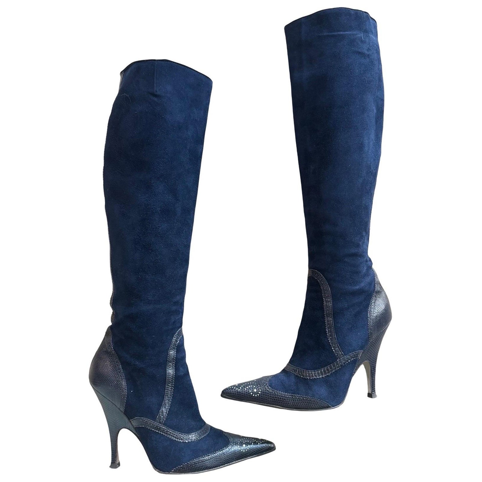 90s Gianfranco Ferre Navy Suede Knee High Boots For Sale