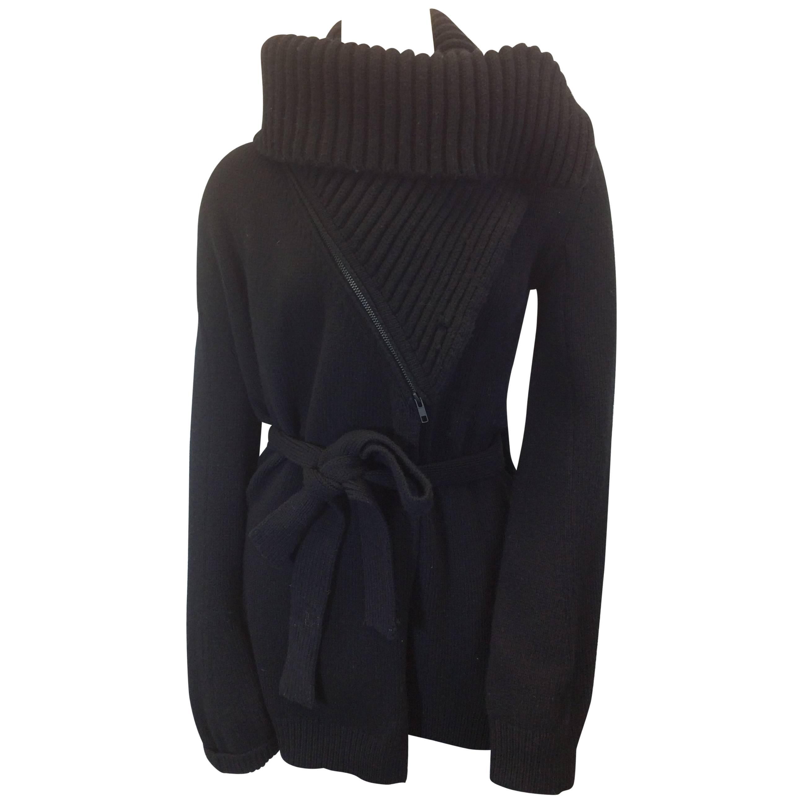 Ann Demeulemeester Black Wrap Cardigan with Waist Tie and Exaggerated Collar For Sale