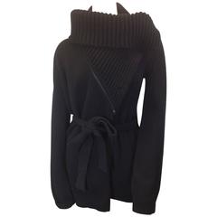 Ann Demeulemeester Black Wrap Cardigan with Waist Tie and Exaggerated Collar