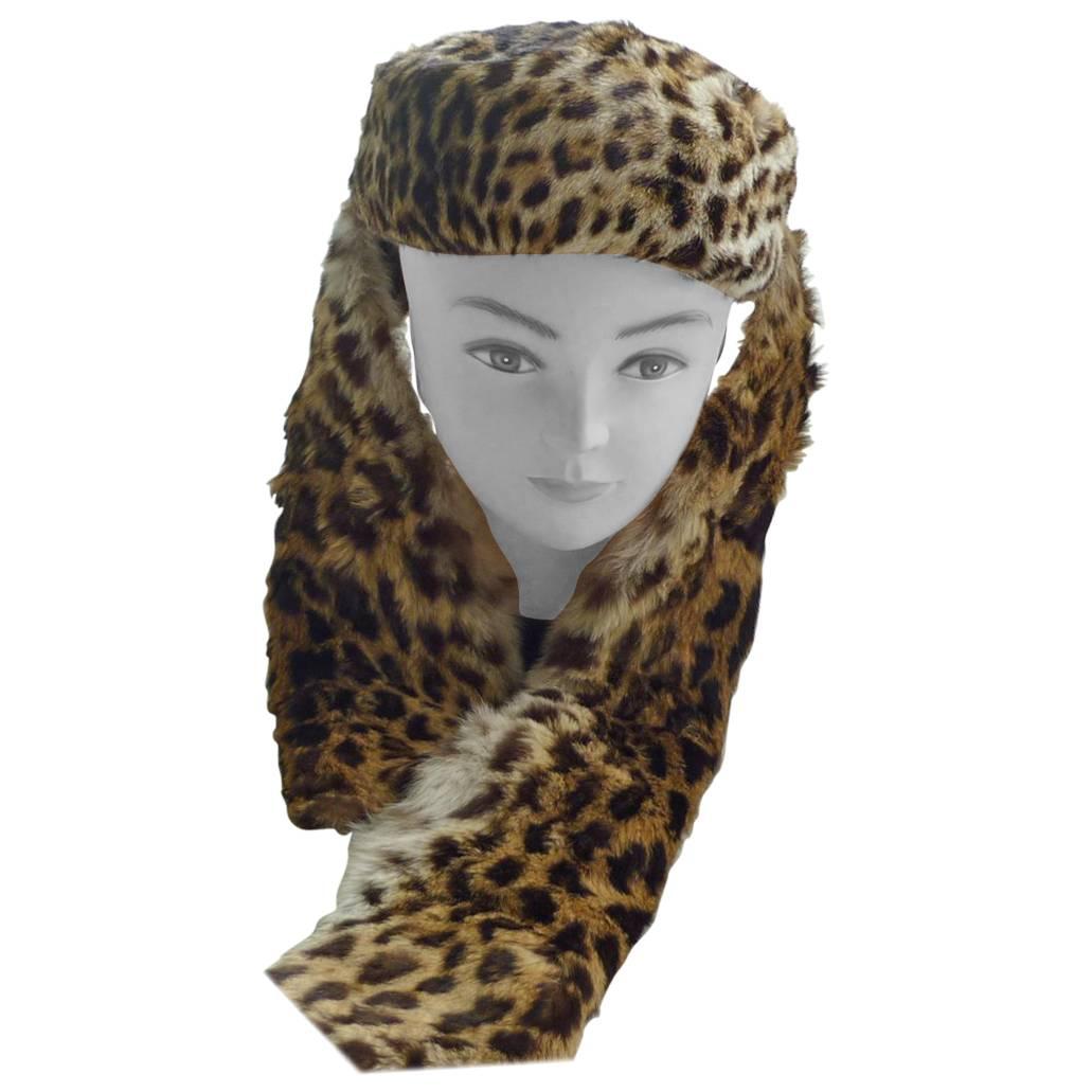 Vintage Leopard Print Fur Pillbox Hat with a Scarf Attachment