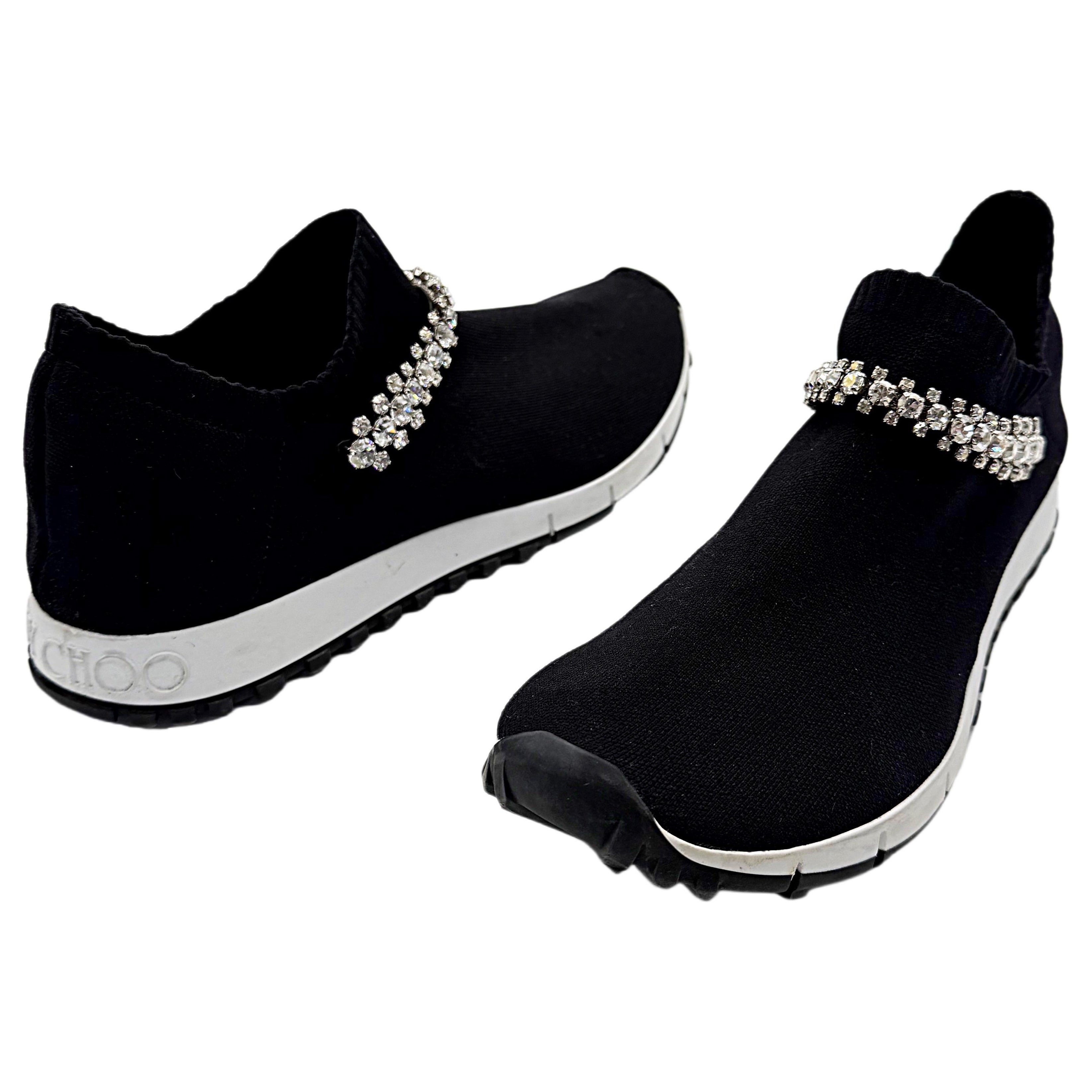 Jimmy Choo Verona Talla 39.5 Negro Rhinestone Crystal Knit Sneakers Zapatos Trainer en venta