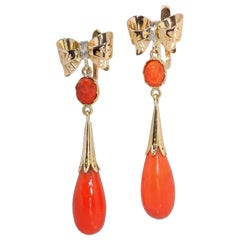 Estate Rose Cut Diamond Bow Drop Coral 18K Yellow Gold Earrings